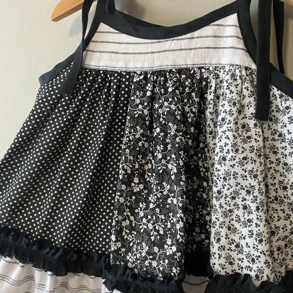 Handmade Children's Cotton Linen Black White Mixed Pattern Tie Strap Dress - Picture 7 of 13